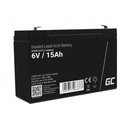 Green Cell, Green Cell 6V 15Ah (F1 4.6mm) VRLA AGM Battery, Battery Lead-acid , GC398-AGM40